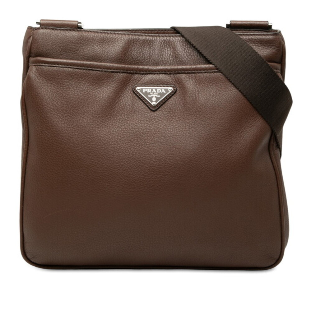 Prada Triangle Logo Plate Crossbody Shoulder Bag, Brown Leather, Women's PRADA
